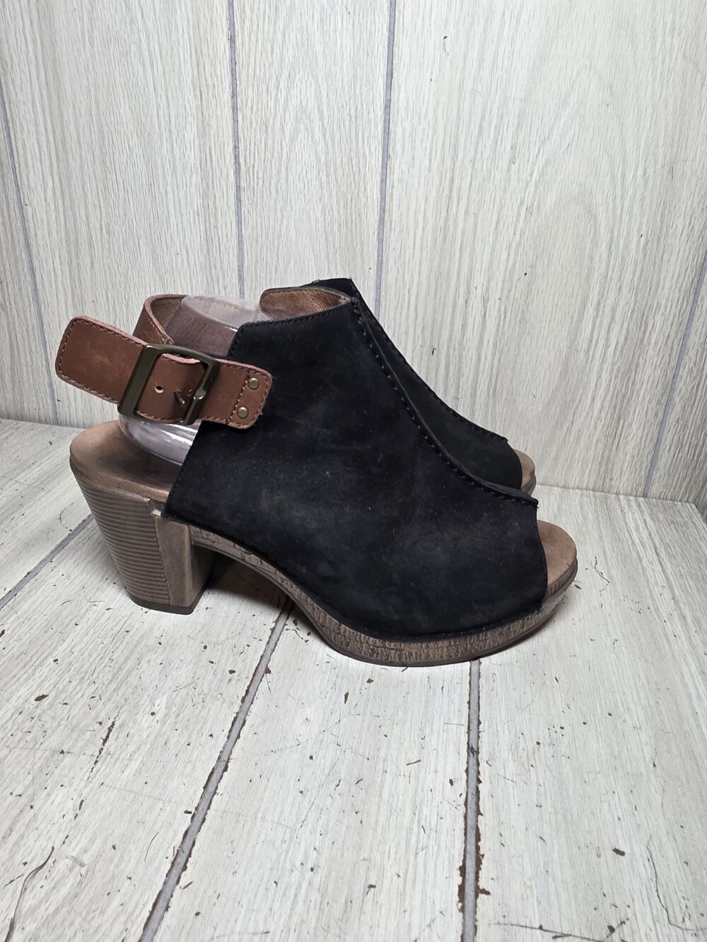 DANSKO REGGIE Peep Toe Wedge Sandals Black Suede Leather Size 12 Comfort Shoes